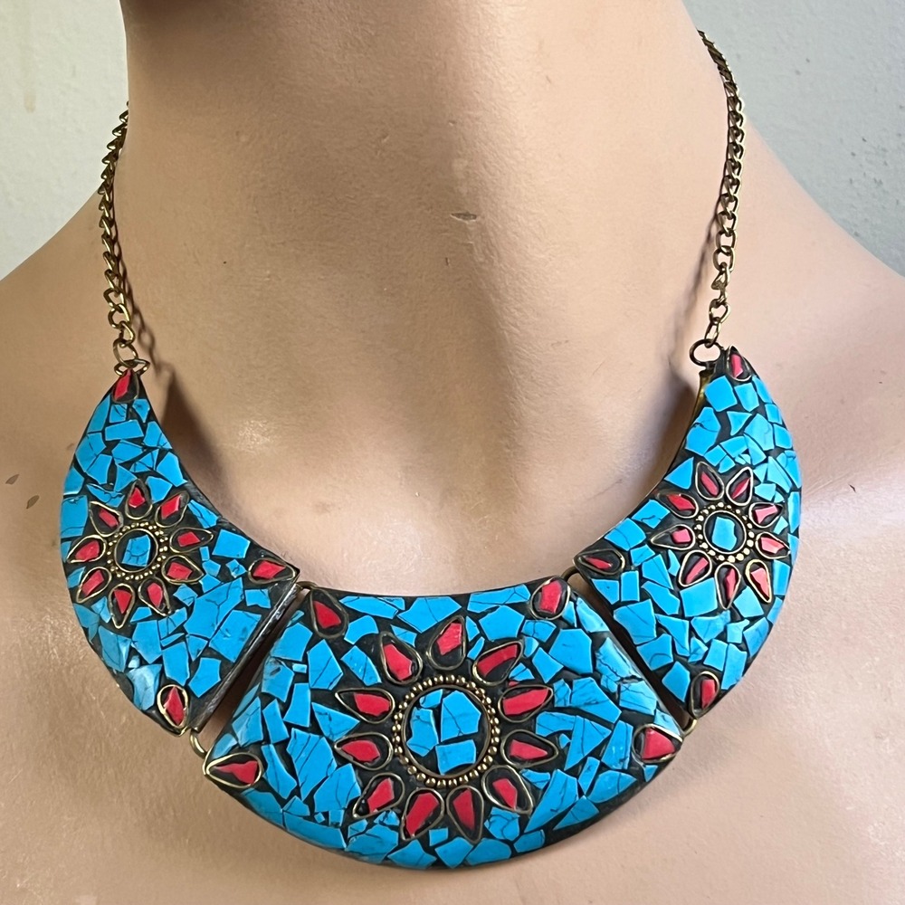 Mosaic Tile Floral Bib Necklace Turquoise Red Brass Tone Statement Vintage 1990s